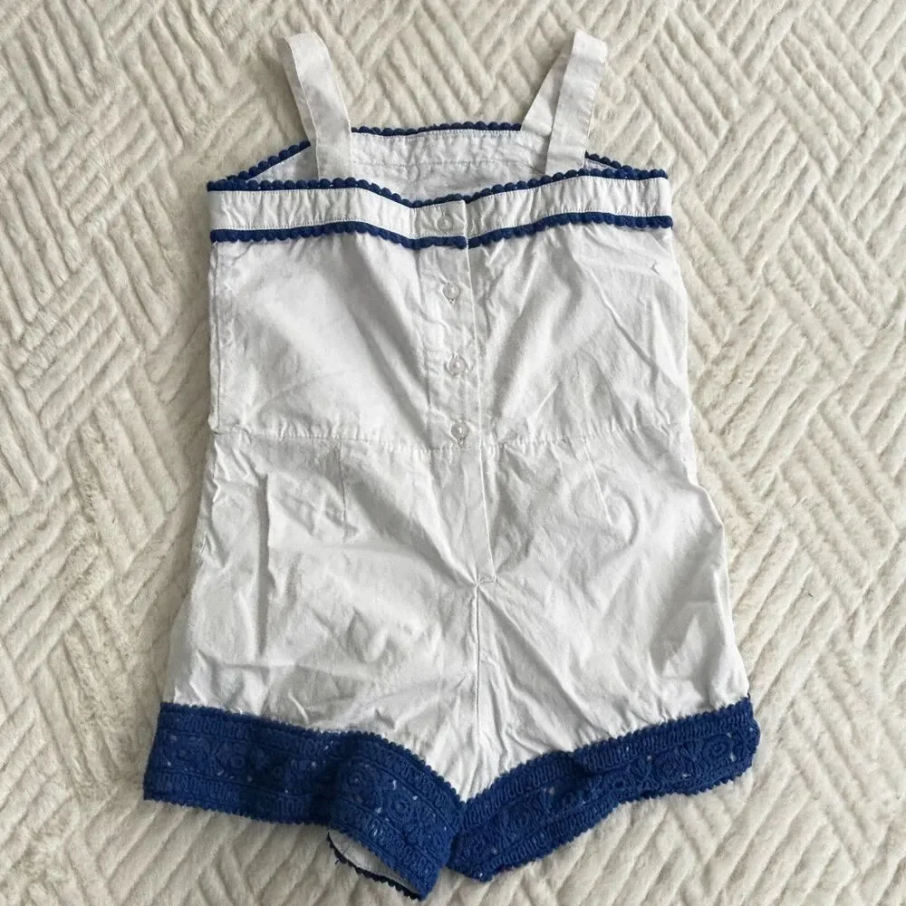 Janie and Jack Girls White Blue Trim Romper Size 7 NWOT Summer Eyelet Lace